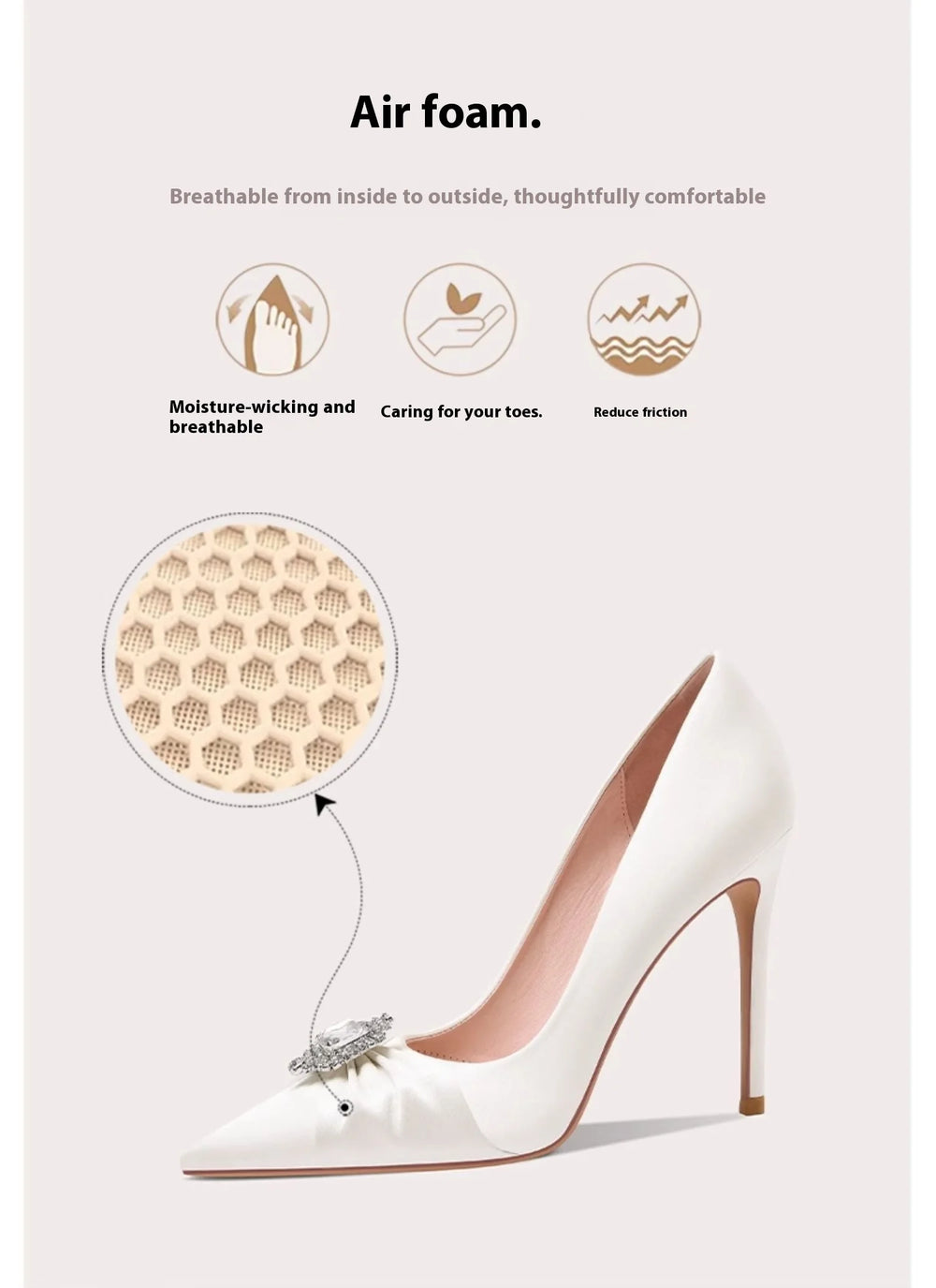 White high-heeled shoe with air foam feature illustration on a light pink background