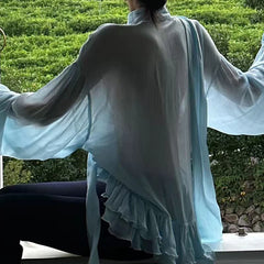 Sheer Ruffled Plunging Neck Halter Blouse