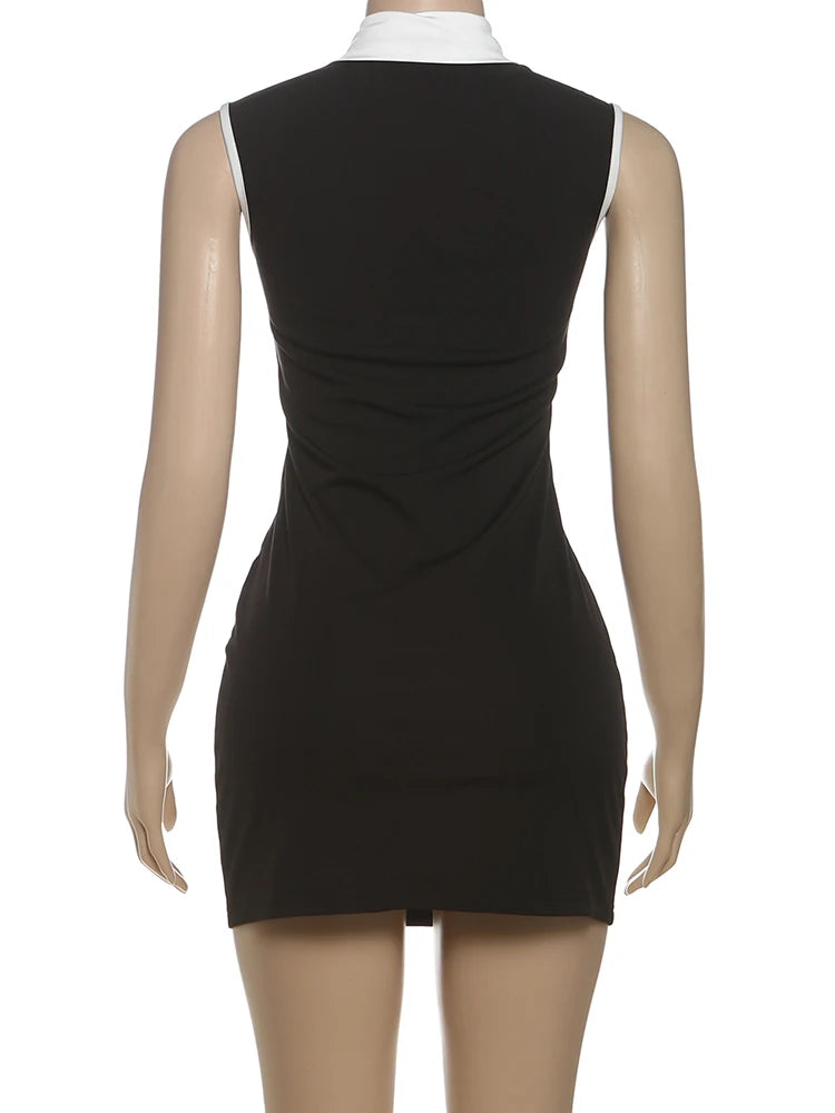 Black sleeveless dress on a mannequin with a white background