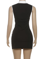 Black sleeveless dress on a mannequin with a white background