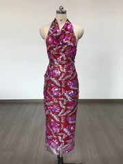 Pink Halter Sequin Midi Dress with Draped Neck Detail