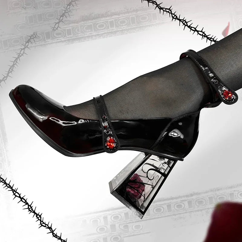 Foot wearing patent leather Mary Jane heels showing heel detail
