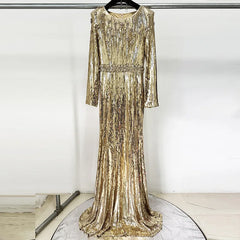 Gold & Black Sequin Gown | Elegant Long Sleeve Evening Dress