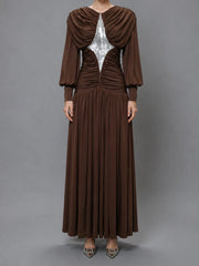 Brown Draped Sequin Maxi Dress with sequin detail.