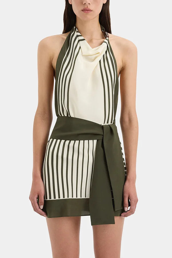 Stripe halter neck mini dress with a draped neckline and tie waist