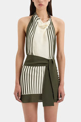 Stripe halter neck mini dress with a draped neckline and tie waist