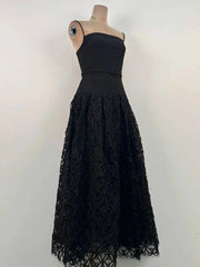 Black Square Neck Floral Bodice Detail Midi Dress