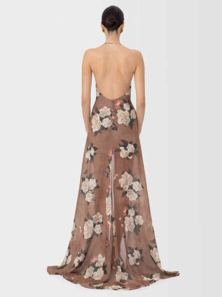 Floral print halter neck split maxi dress back view