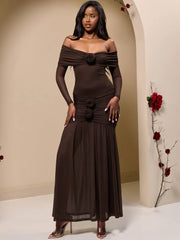 Off-Shoulder Rose Ruched Bodycon Maxi Dress