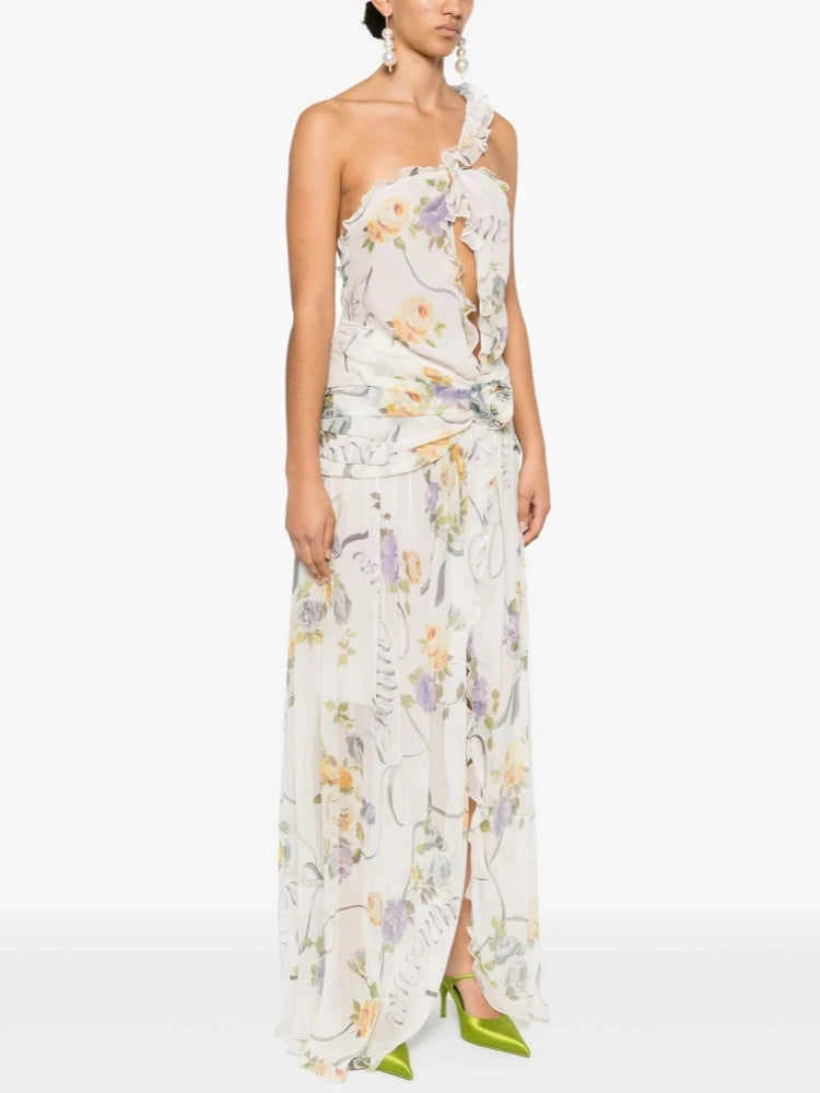 One-shoulder ruffled print asymmetrical neckline sleeveless ankle-length sheath dress detail
