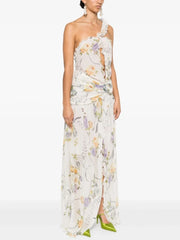 One-shoulder ruffled print asymmetrical neckline sleeveless ankle-length sheath dress detail