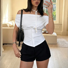 Off-Shoulder Ruched Bodice Top with Button Front