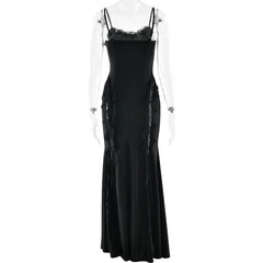Black Lace Trim Spaghetti Strap Maxi Dress