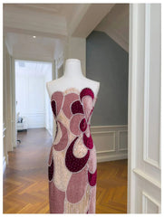 Velvet Colour-Blocked Beaded Column Dress