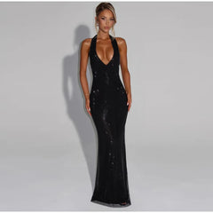 Deep V-Neck Sequin Fishtail Dress – Sleeveless Backless Beach Party Gown