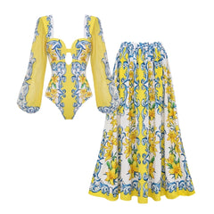 Balloon sleeve square neck cutout bodysuit and print maxi skirt set laid flat.