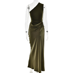 Satin One Shoulder Ruched Maxi Dress