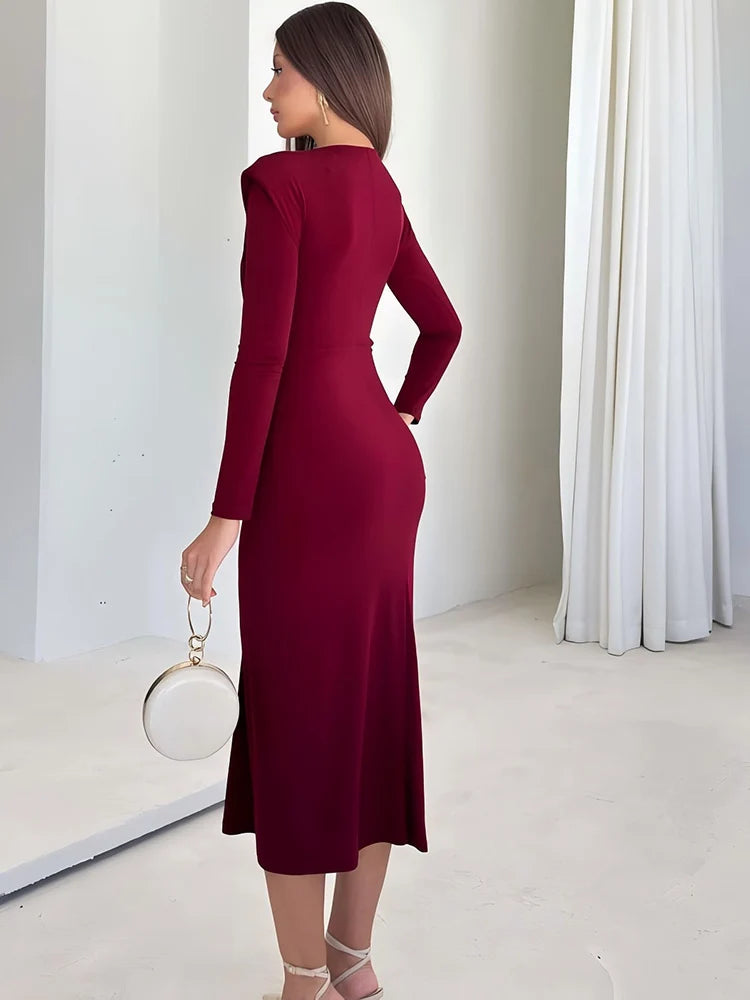 Mid-calf evening dress with sculpted long sleeves
