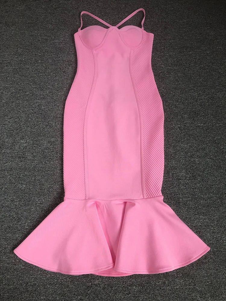 Pink dress with a fitted bodice and flared skirt on a dark gray background