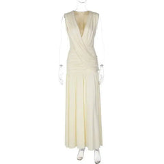 Draped V-Neck Ruched Waist Maxi Dress