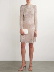 Model wearing a beaded long sleeve mini dress with a clutch and gold heels.
