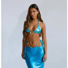 Close-up of blue metallic halter bikini top