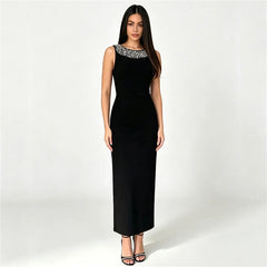 Black sleeveless maxi dress with embellished neckline
