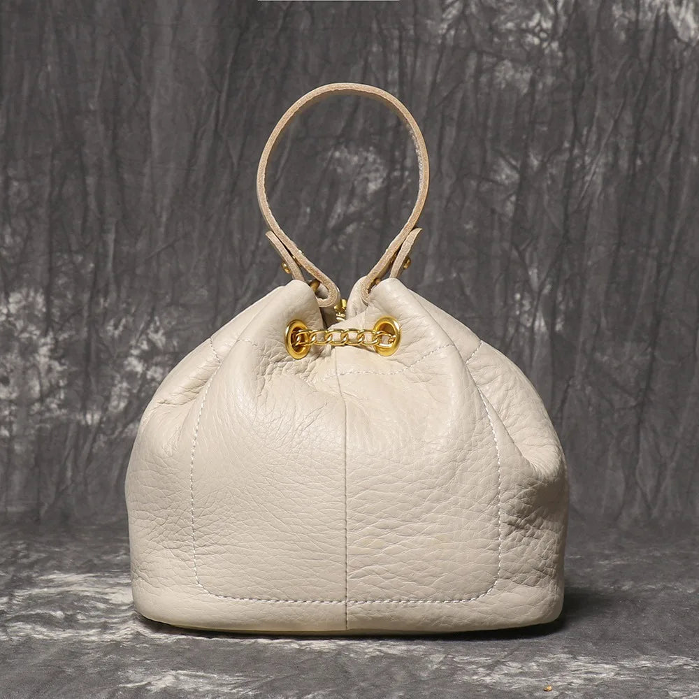 White leather drawstring bucket bag