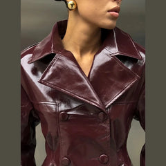Faux Leather Lapel Jacket and Mini Skirt Set