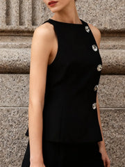 Black Sleeveless Diamond Buttons Vest Top