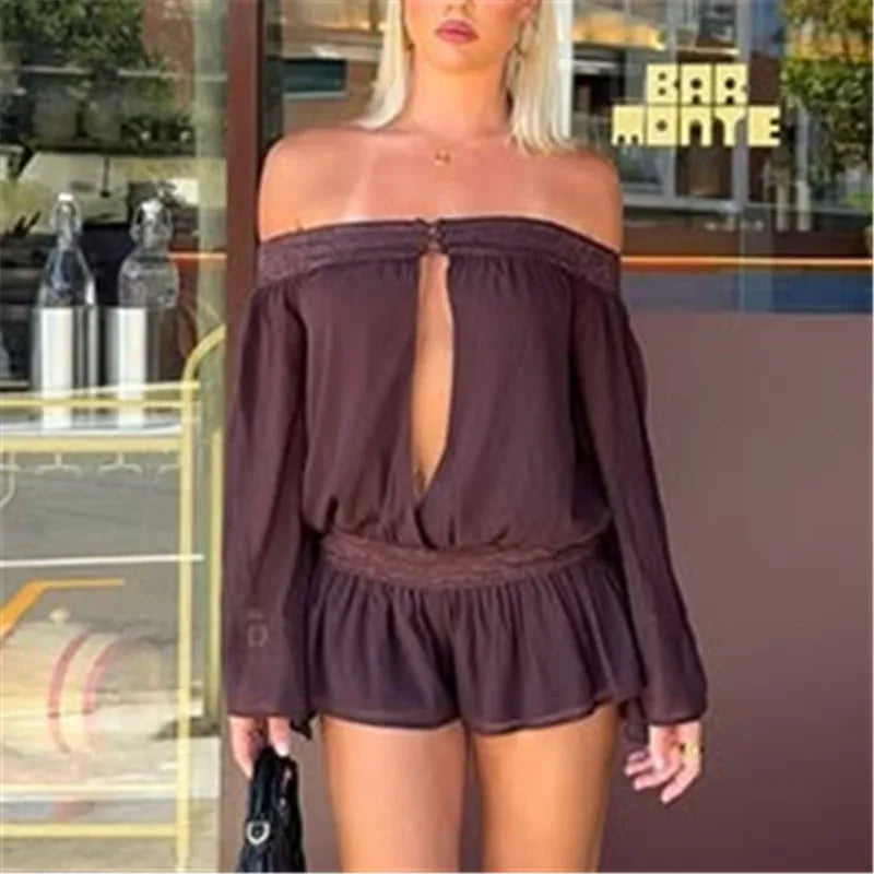 Brown off shoulder keyhole front romper with bell sleeves