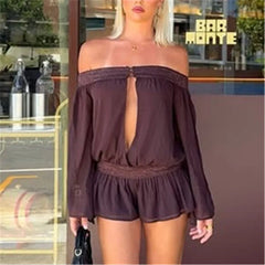 Brown off shoulder keyhole front romper with bell sleeves
