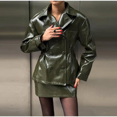 Faux Leather Lapel Jacket and Mini Skirt Set
