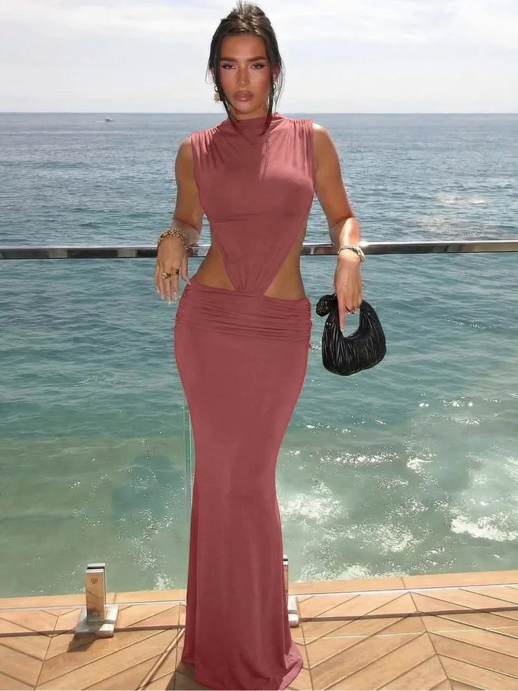 Brick red sleeveless turtleneck cutout maxi dress