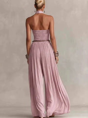Halter Smocked Cropped Top And Wide Leg Pants Set