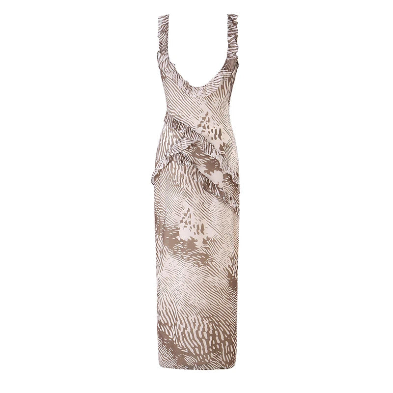 Ruffle Zebra Print V-Neck Maxi Dress back view