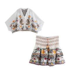 Embroidered Paisley Long Sleeve Top and Smocked Skirt Set
