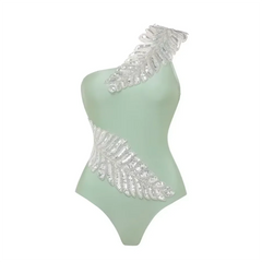 One-Shoulder Embellished Swimsuit with Wrap Skirt