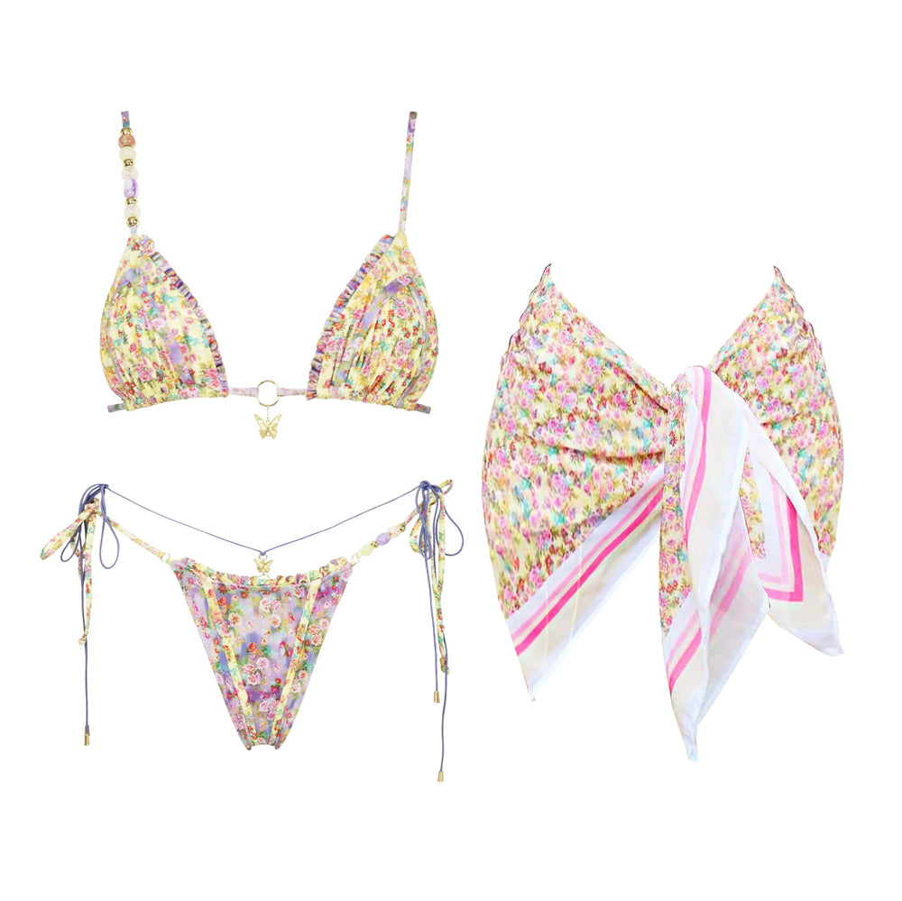 Two-piece abstract floral print bikini set with adjustable straps and tie bottoms.