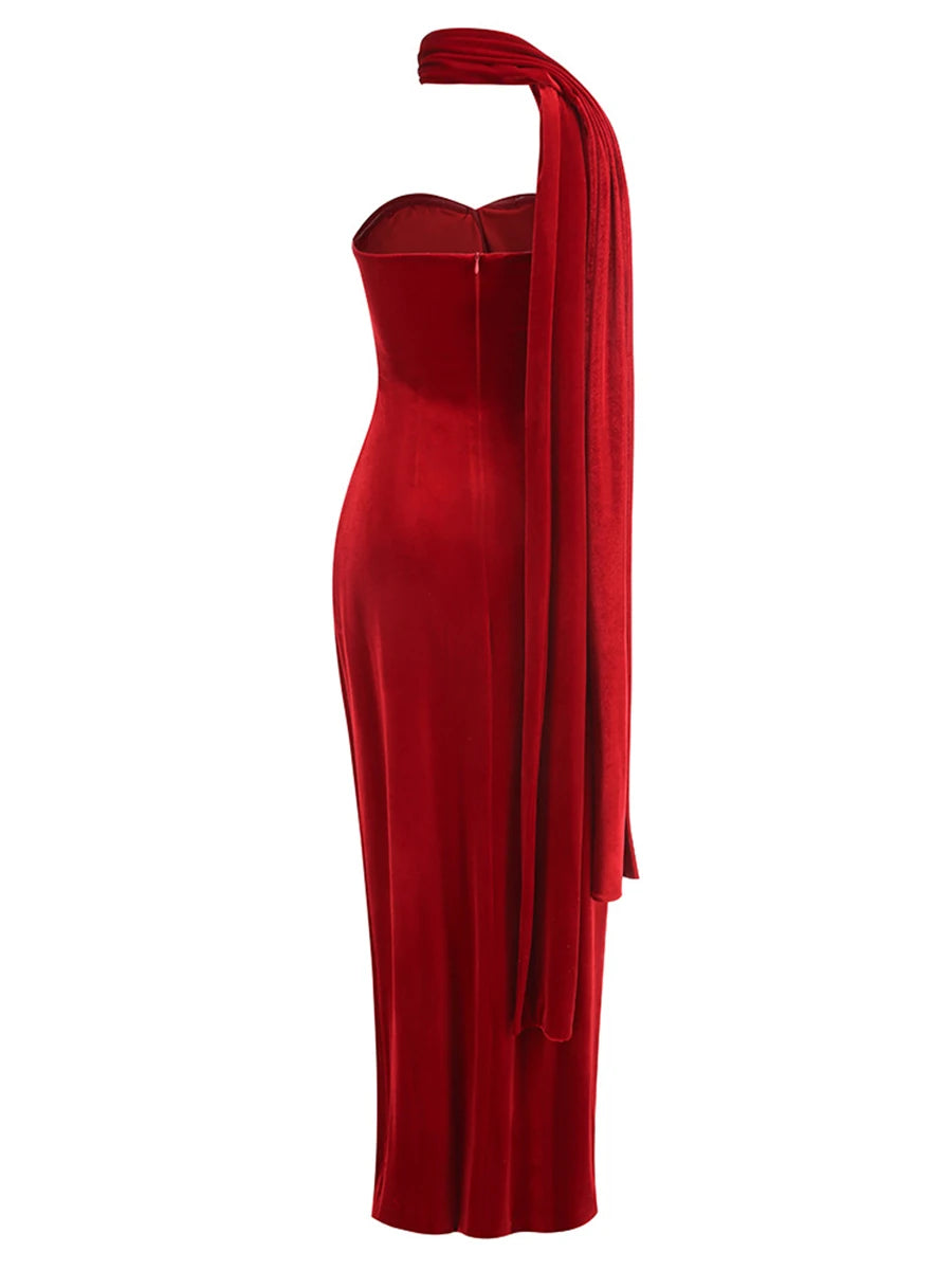 Red evening dress with ribbon scarf detail and sculpted bodice