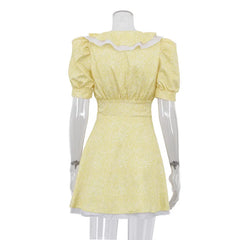 Yellow Floral Ruffle V-Neck Puff Sleeve Mini Dress