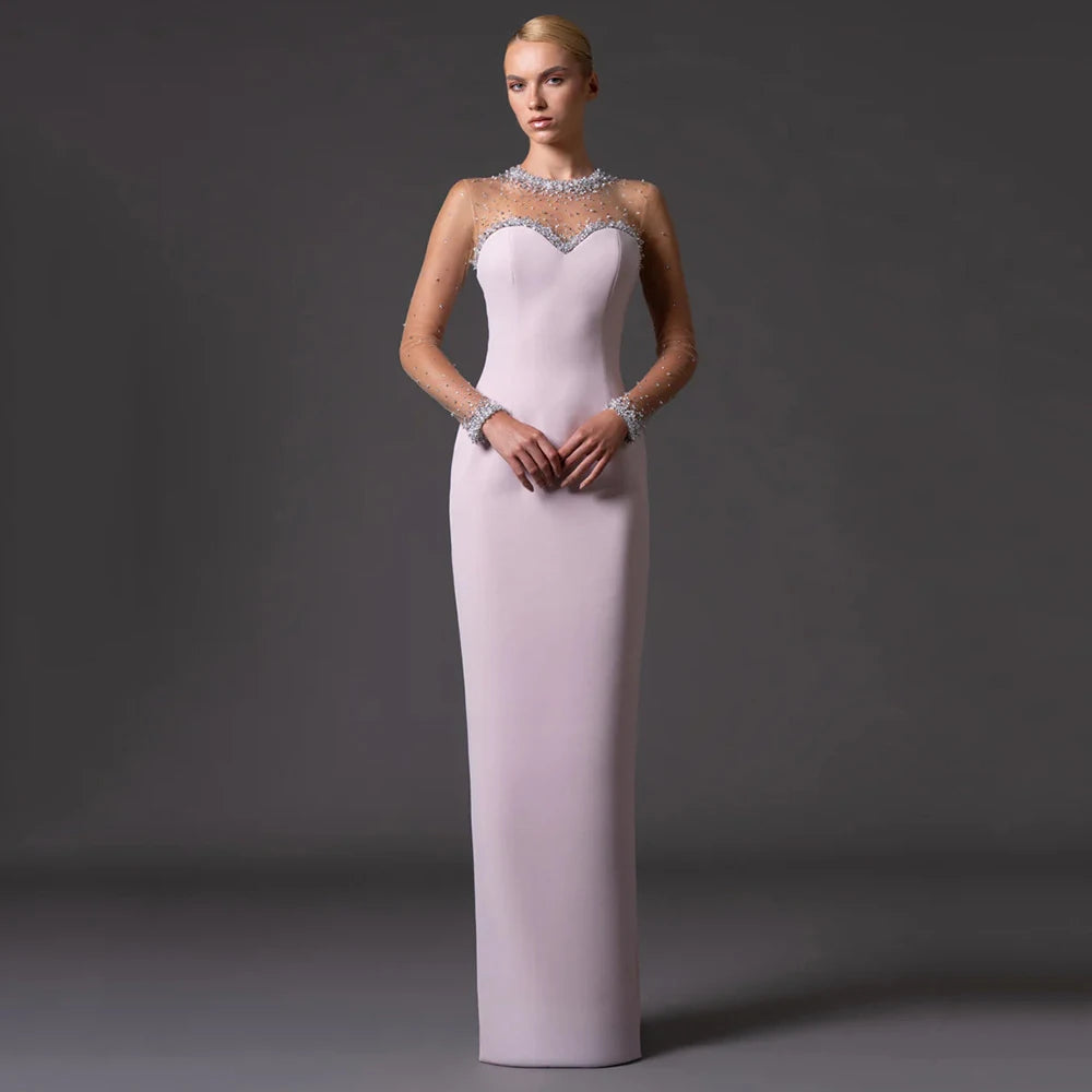 Beaded mesh illusion neckline column gown, detailed front view