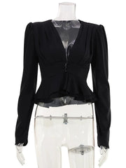 Satin Cropped V-Neck Long Sleeve Peplum Top