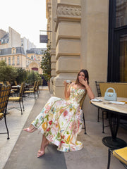 Strappy Corset Bustier Maxi Dress With Floral Motif