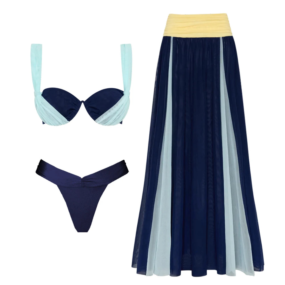Contrast Mesh Panel Bikini Skirt Swimwear Set
