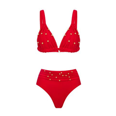 Red Embellished Bikini and Matching Skirt Swimwear Set