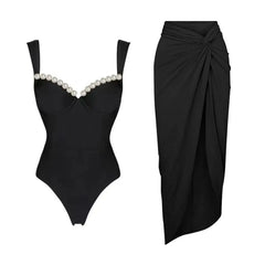 Tie-Strap V-Neck One-Piece Swimsuit with Matching Sarong Set