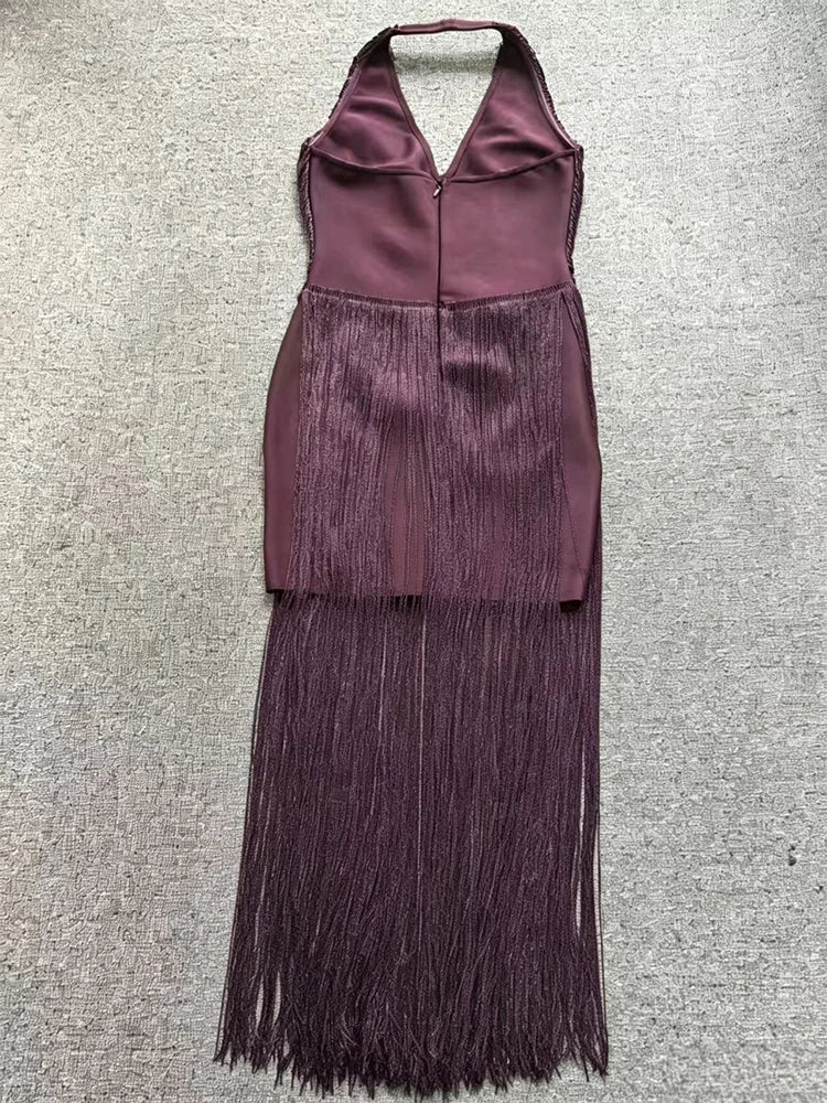 Halter neck tassel maxi dress flat lay