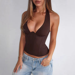 Brown plunge halter corset top detail