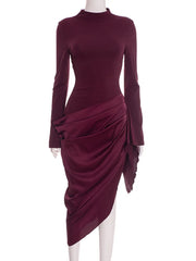 Long Sleeve Ruched Draped Midi Dress